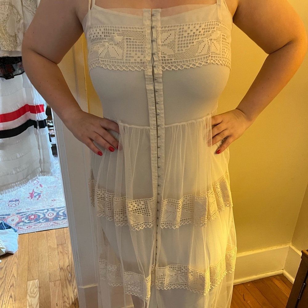 Intimately Free People Sheer Tulle MIDI Dress with Crochet Detail L